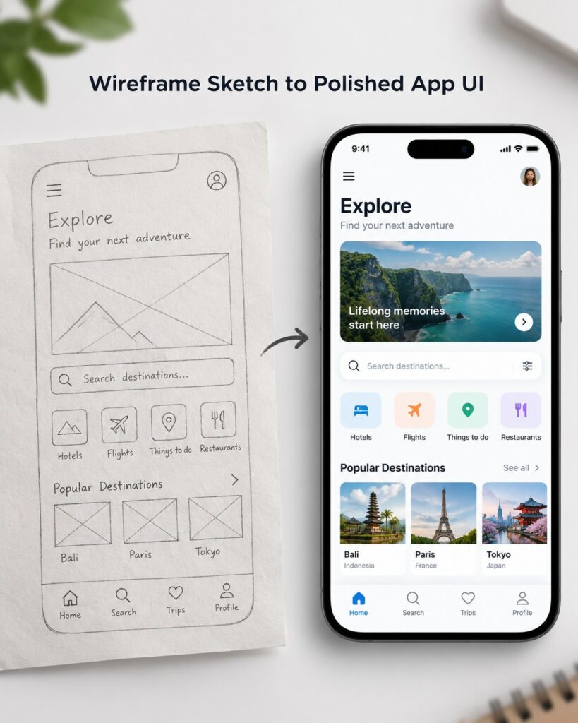 Expected result preview for Turn a Wireframe Sketch Into a Polished App UI