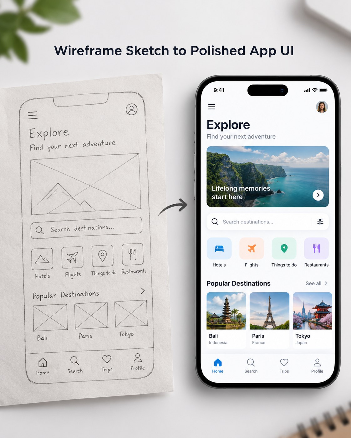 Expected result preview for Turn a Wireframe Sketch Into a Polished App UI